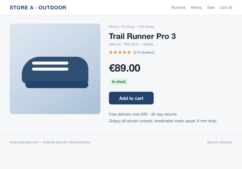 A fictional shop's product page: Trail Runner Pro 3 priced €89.00 and in stock.